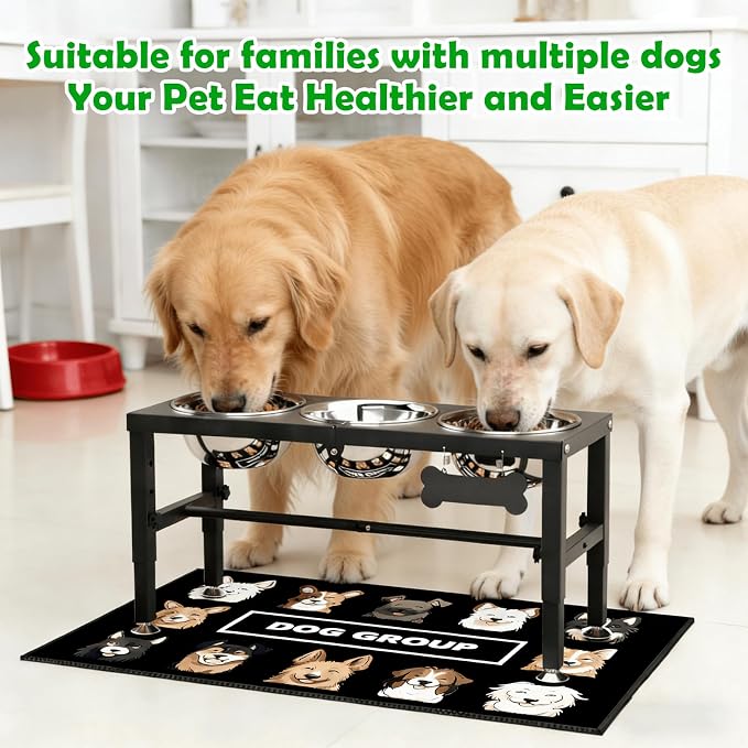 SHAINFUN Metal Elevated Dog Bowls Stand for Large Dogs with Mat & Three 58oz Food Water Bowls, Adjustable Height Raised Dog Bowl Stand
