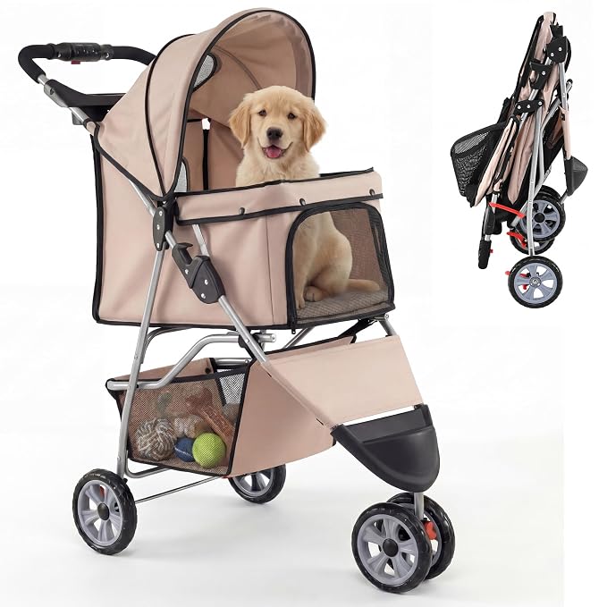 Giantex 3 Wheel Foldable Dog Stroller for Small Dogs Cats, Lightweight Pet Stroller with Lockable Wheels, One-Hand Quick Fold, Mesh Windows, Safety Leash & Storage Basket, Pet Travel Stroller (Beige)