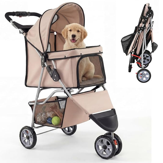 Giantex 3 Wheel Foldable Dog Stroller for Small Dogs Cats, Lightweight Pet Stroller with Lockable Wheels, One-Hand Quick Fold, Mesh Windows, Safety Leash & Storage Basket, Pet Travel Stroller (Beige)