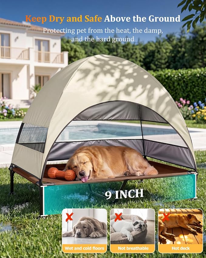 Elevated Outdoor Dog Bed with Canopy, Raised Dog Cot with Stable Adjustable Feet, Dog Camping Bed with Larger Shade, Lifted Dog Tent Bed with Canopy for Outside (Beige, X-Large)