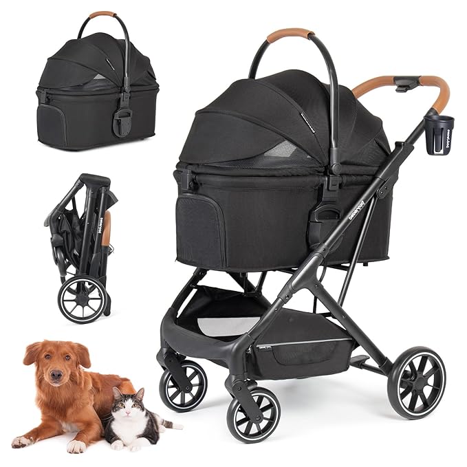T6 Luxury Pet Stroller for Medium Dogs Up to 66lbs or 2 Small Pets – 3-in-1 Dog & Cat Stroller with Removable Carrier, Foldable & Lightweight (Black)