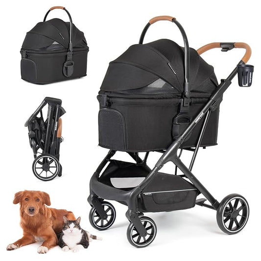 T6 Luxury Pet Stroller for Medium Dogs Up to 66lbs or 2 Small Pets – 3-in-1 Dog & Cat Stroller with Removable Carrier, Foldable & Lightweight (Black)