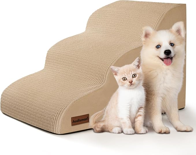 Aodisman Dog Stairs for Small Dogs and Cats,3-Step Pet Ramp for Couch,Chair | 15.7" H Non-Slip Sturdy Dog Steps with Curved Ramp for Senior,Short-Legged Dogs,Puppy and Cats to Reach Sofa or Chair,Khaki