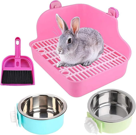 PINVNBY Rabbit Litter Box for Cage Bunny Corner Bedding Box Small Animal Litter Pan Hanging Pet Bowls Cage Potty Trainer Pet Toilet for Rabbit Bunny Guinea Pigs (Pink)