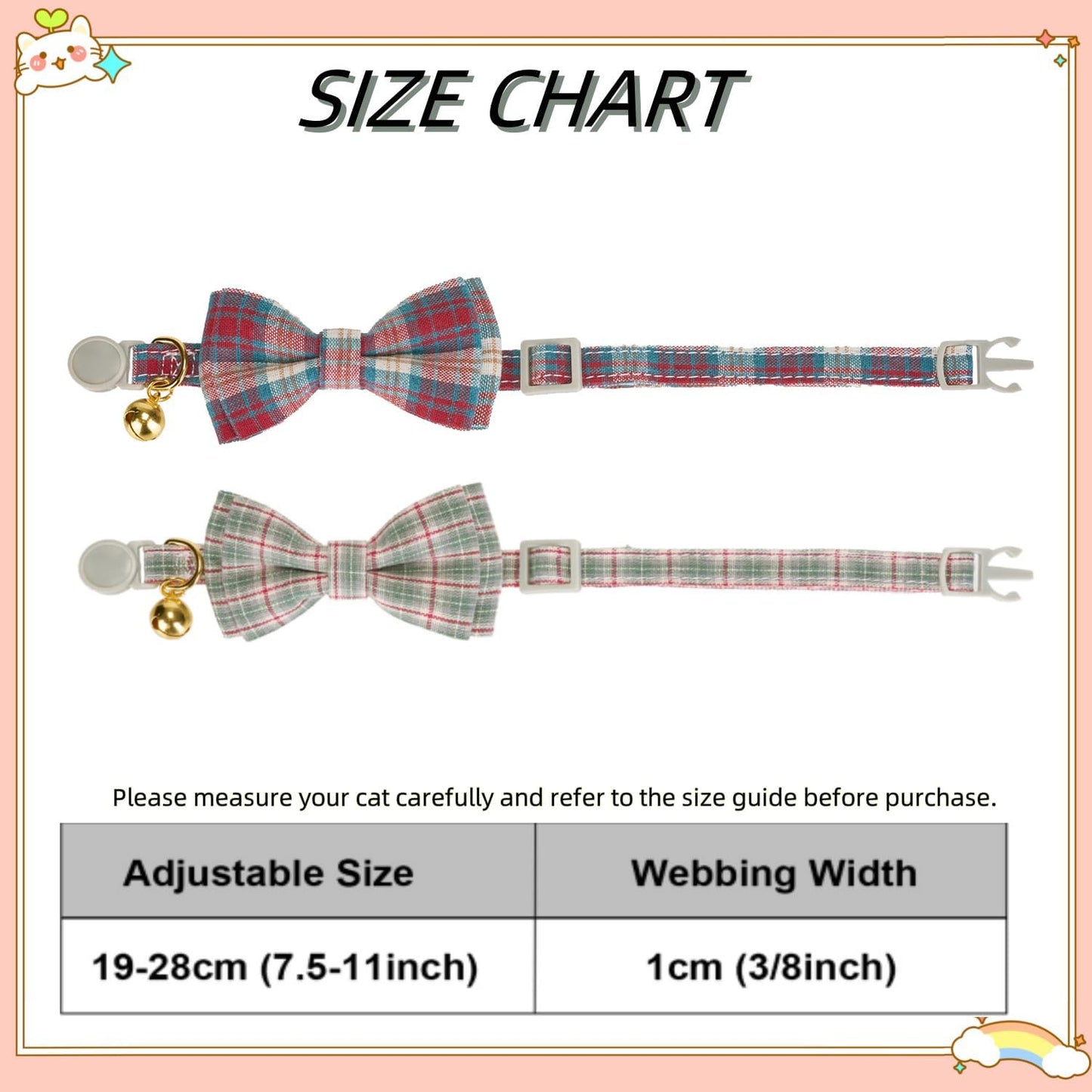 2 Pack Soft Cotton Christmas Cat Collars with Bowtie and Bell Breakaway Plaid Cat Kitten Collar(Red and Green)