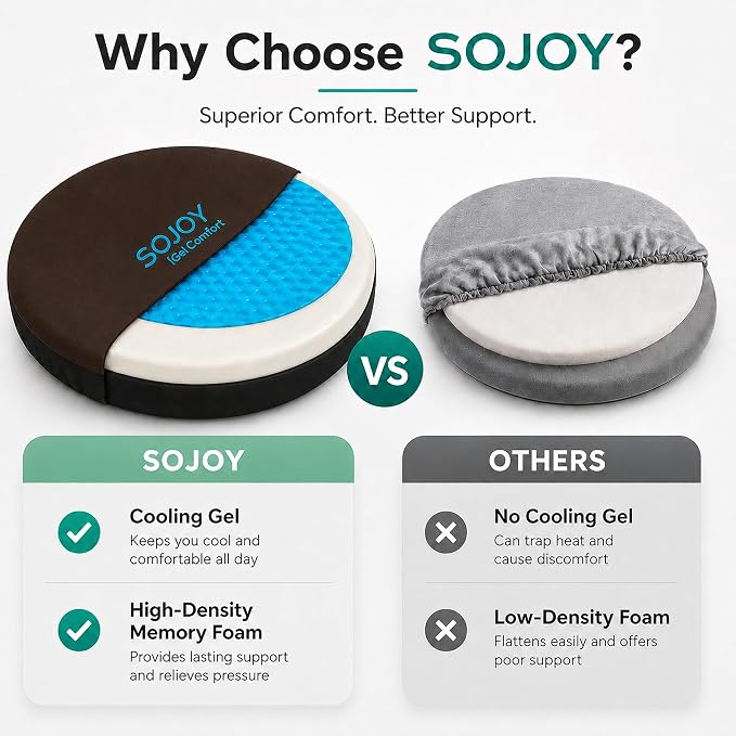 Sojoy iGelComfort 360° Swivel Seat Cushion – Gel Memory Foam Cushion for Car, Office, Dining – Pain Relief & Easy Entry/Exit for Seniors, Post-Surgery & Long Sitting (Brown, 13.5" x13.5" x 1.75")
