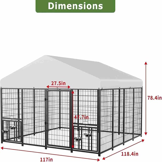 10 x 10 x 6.5 FT Outdoor Dog Kennel with Roof for Large Dogs | Large Dog Run with Rotating Feeder, 2 Stainless Steel Bowls and Double Latch Gate