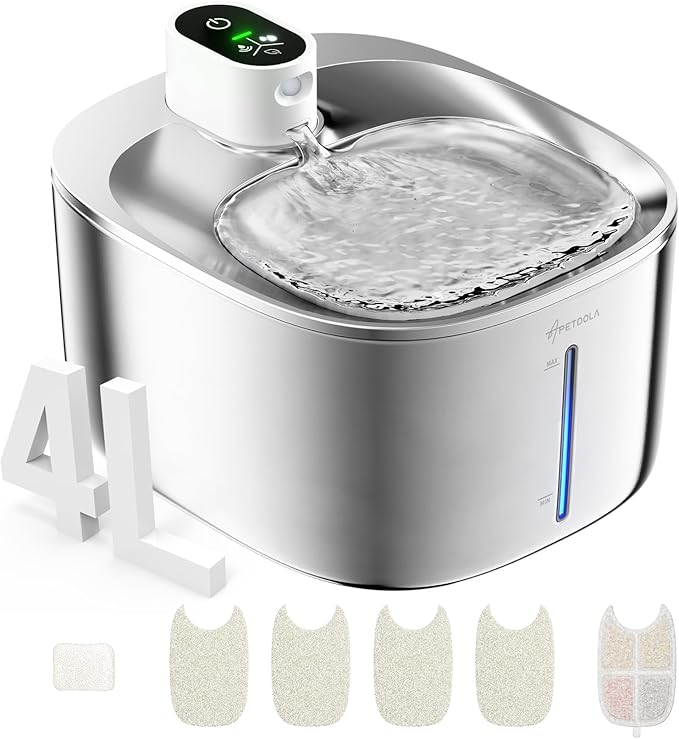 Wireless Cat Water Fountain Stainless Steel,135floz/4L Battery Operated Automatic Pet Fountain,Cordless Cat Water Dispenser Pet Drinking Water Fountain for Multicat Cats Dog Outdoor