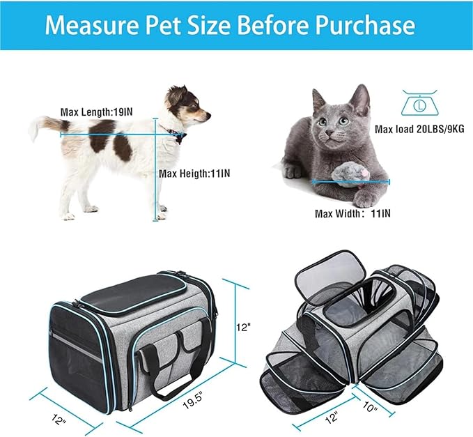 Airline-Approved Expandable Pet Carrier for Small Dogs & Cats, Soft-Sided Collapsible Travel Bag with 4-Way Access(Green,Medium)