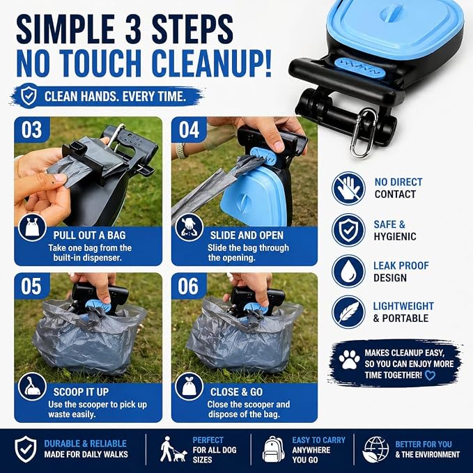 Dog Pooper Scooper with Waste Bag Dispenser – Small Size, Portable, Lightweight, One-Hand Operation, Leak-Proof, Durable Pet Waste Scooper (Blue)