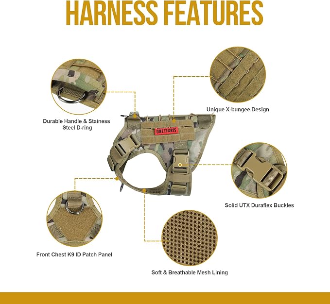 OneTigris Tactical Dog Harness with Handle Adjustable for Medium Large Dogs | Military 1000D Pullable Nylon, No-Pull Service Vest with Hook & Loop Panels, Easy On & Off for Walking Hiking Training Camo M