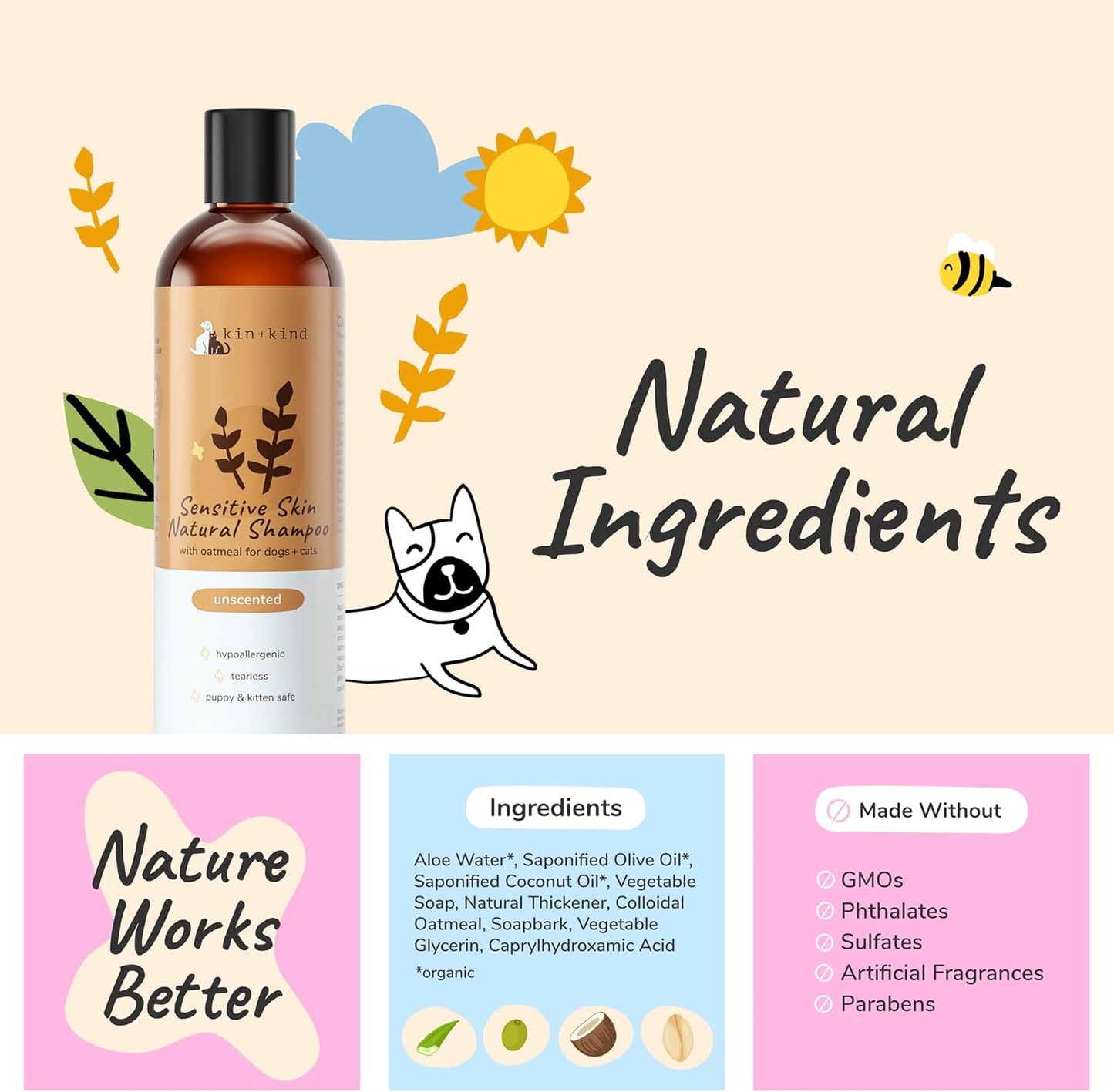 Oatmeal Shampoo for Dogs and Cats by kin+kind - Cat & Dog Shampoo for Sensitive Skin with Colloidal Oatmeal - Safe, Natural Formula with Olive Oil and Coconut Oil (12 fl oz) - Made in USA