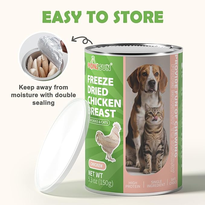 MON2SUN Freeze Dried Chicken Breast Dog & Cat Treats - Whole Cut, Single Ingredient, High Protein, Grain & Gluten Free, for Training Chew or Topper, 9.2oz