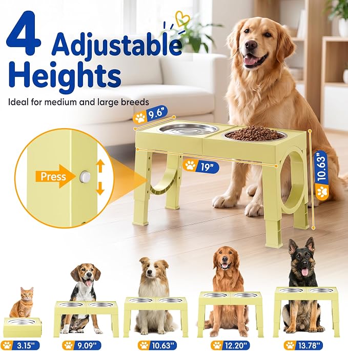 XIAZ Elevated Dog Bowls Large Breed Raised Dogs Bowl Stand Large/Medium Sized Dog Stainless Steel Food Water Bowl Stands 5 Heights Adjustable 9/11/12/15in Pet Feeder Dish Station