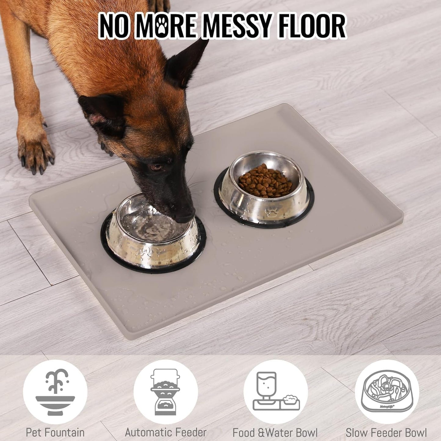 MateeyLife Dog & Cat Food Mat - Waterproof, Nonslip, Raised Edges, Silicone Tray for Messy Drinkers, 18"x12", Taupe