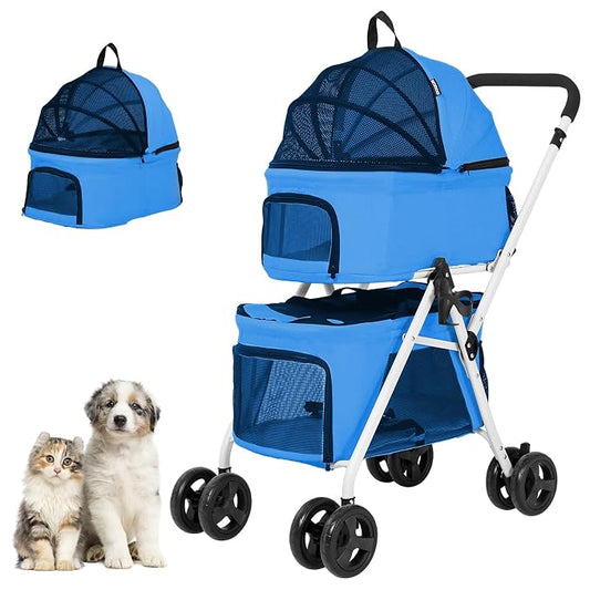 Double Dog Stroller with 2 Detachable Carrier, Portable Pet Stroller for Small Dogs & Cats Folding Lightweight Puppy Travel Carriage, 4 Wheels, Azure