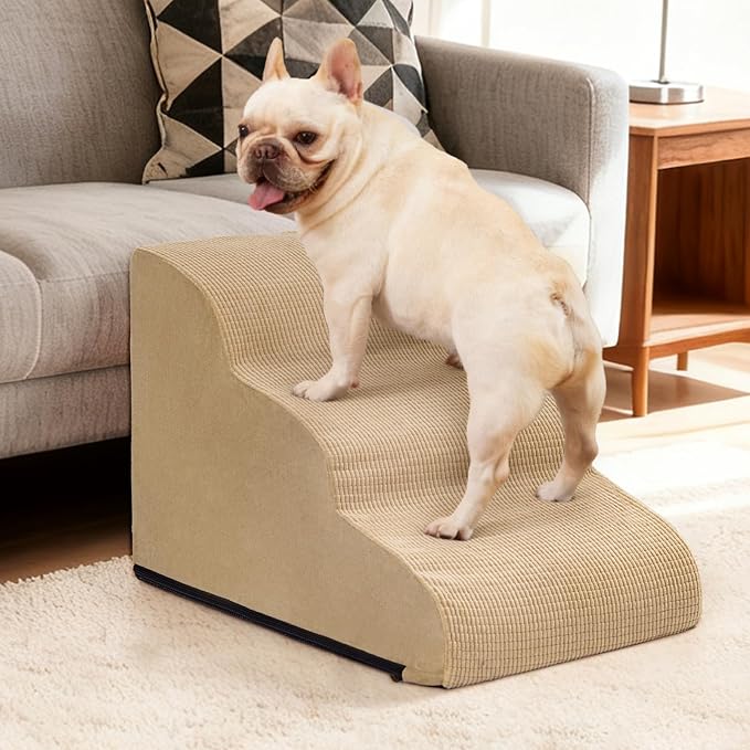 Aodisman Dog Stairs for Small Dogs and Cats,3-Step Pet Ramp for Couch,Chair | 15.7" H Non-Slip Sturdy Dog Steps with Curved Ramp for Senior,Short-Legged Dogs,Puppy and Cats to Reach Sofa or Chair,Khaki