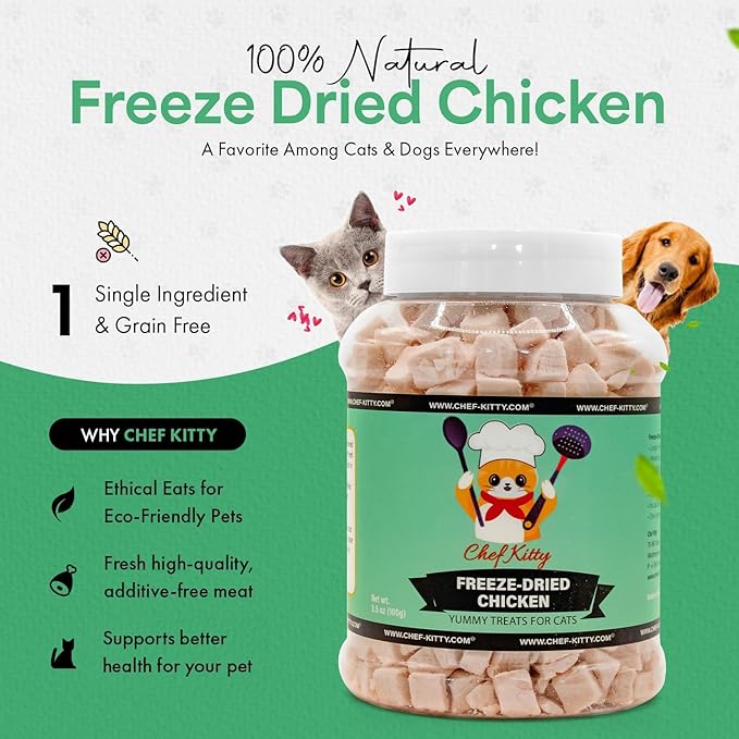 Freeze Dried Chicken Cat Treats | Healthy Dog Food Toppers 100% Human Grade | Single Ingredient, Grain Free Chicken Dog Treats | Inspected & Tested in USA | No Additives or Preservatives, 3.5 oz ASIN