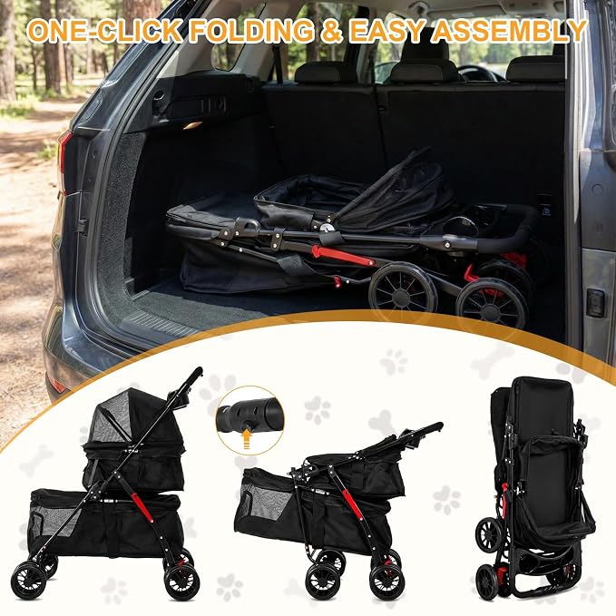 Foldable Double Pet Stroller with Lockable Wheels, Tear-Resistant Fabric | Double Pet Stroller for Dogs and Cats,Cat Strollers for 2 Cats,Double Dog Stroller for 2 Small Medium Dogs,4 Lockable Wheels