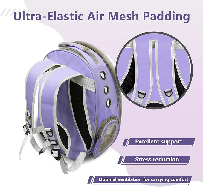 Expandable Cat Backpack Carrier, Breathable Clear Bubble Window Pet Carrier for Small Dogs and Cats up to 12 lbs, Airline Approved Travel Bag for Hiking and Outdoor Use (Back Expandable-Purple)