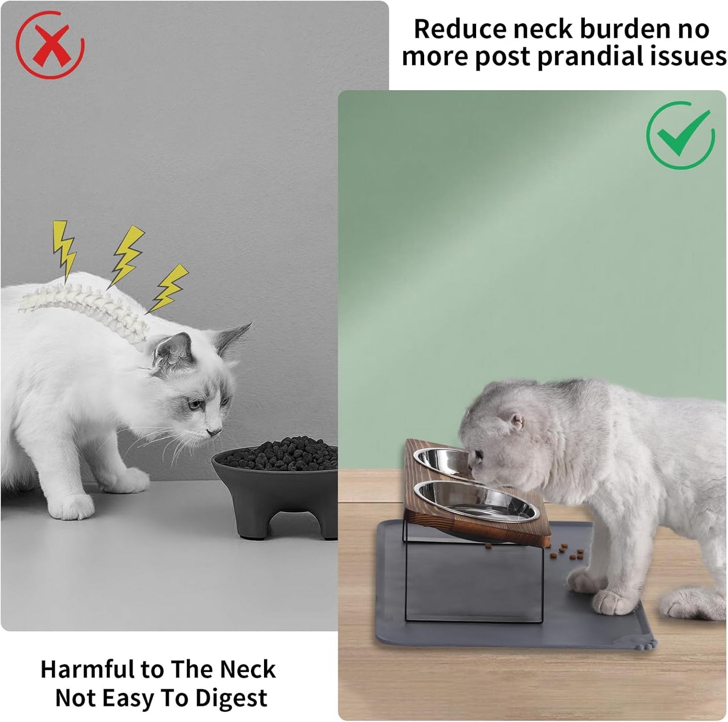 Upgraded Elevated Cat Bowls with Food Mat,15°Tilted Stand Anti Vomiting Raised Cat Dishes for Food and Water,2 Stainless Steel Bowls for Cats and Puppy（Rustic Brown）