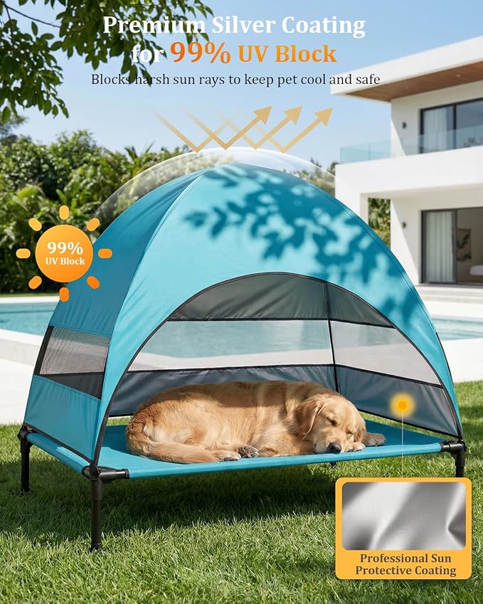 Elevated Dog Bed with Canopy - 3-Sided UV Protection Pet Tent with Wider Shade, Raised Cooling Outdoor Dog Cot with Breathable Mesh for Medium Large Dogs, Portable Pet Bed for Camping, Patio (Aqua, L)