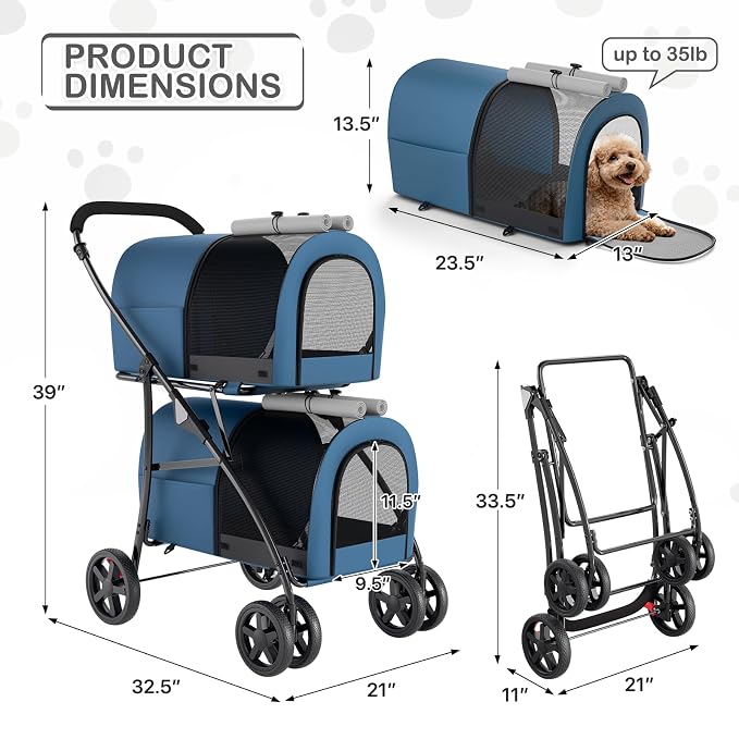 MoNiBloom Double Dog Stroller for Small and Medium Dog Cats, Navy Blue/Gray | Pet Stroller with Detachable Carrier Bags Large 4 Wheels Foldable Jogger for Small and Medium Dog Cats