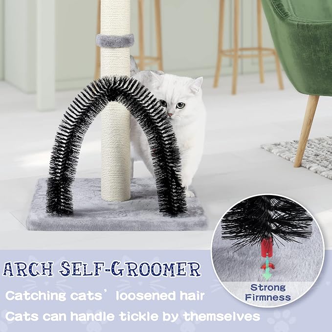 ANWA Tall Cat Scratching Post with Arch Self Groomer Massager, 32" Scratching Post for Indoor Cats from Kitten to Adult Cats, Stable Sisal Cat Post with Extra Interactive Dangling Plush Toy