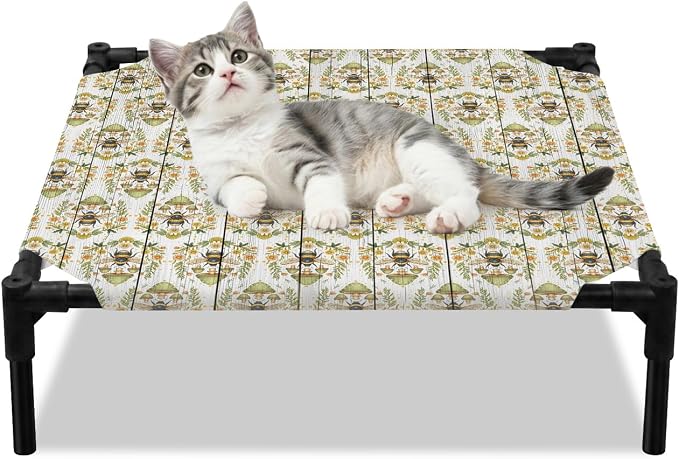 Outdoor Elevated Dog Bed for Small Dogs, Classic Bees Breathable Cooling Raised Dog Cot for Indoor/Outdoor, Summer Spring Floral Animals Wooden Waterproof Elevated Pet Beds, S 20 x 20 in