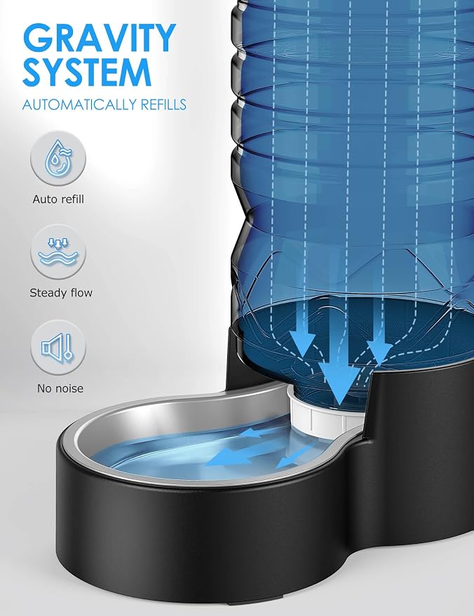 Heouvo 2.1 Gallon Automatic Dog Water Dispenser (8L-Black) | Wide Mouth, Easy Clean/ Removable Stainless Steel Bowl/ Gravity Refilling, Large Capacity for Cats and Dogs, Multi-Pet Homes