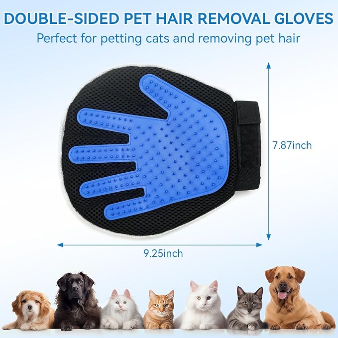 Pet Hair Removal Glove for Dogs & Cats, 2-in-1 Dual-Sided Electrostatic Pet Hair Remover with Silicone Grooming Brush, Reusable for Furniture, Clothes, Couch, Carpet & Car Seat