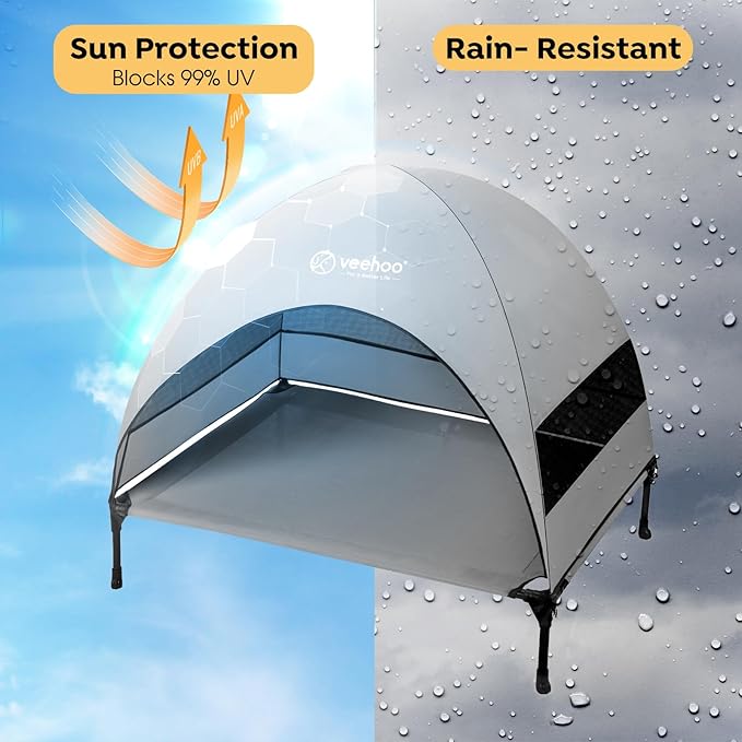 Veehoo Outdoor Dog Bed with Canopy, Cooling Elevated Dog Shade for Outside | Portable Raised Dog Cot with Removable Shade, Sun Protection Dog Tent Outdoor for Camping, Beach, 42" x 33.5", Grey