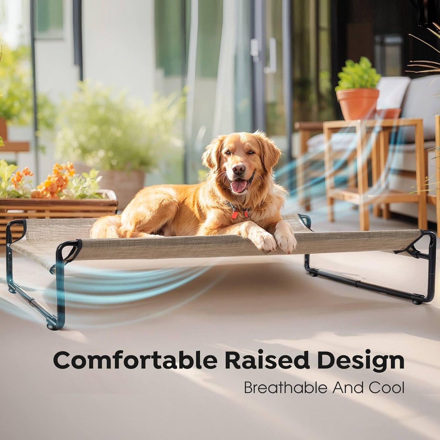 Veehoo Original Outdoor Elevated Dog Bed, Cooling Raised Dog Cot for Medium Dogs, Portable Standing Pet Hammock Platform with Washable Breathable Mesh, No-Slip Feet, Medium, Beige Coffee, CWC2201