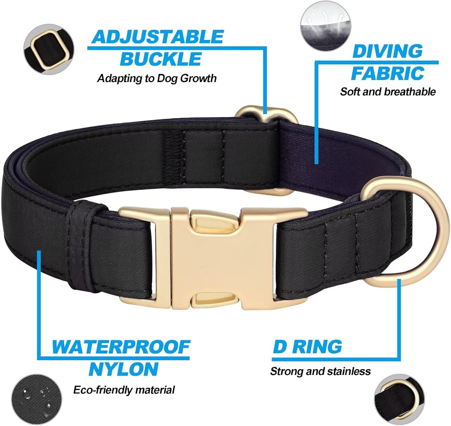 Didog Soft Padded Dog Collar for Large Dogs, Colorful and Durable Pet Collar with Quick Release Buckle, Light and Breathable for Daily Walking, Black, L