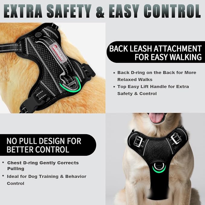 BARKBAY No Pull Dog Harness Large Reflective Dog Harness with Front Clip and Easy Control Handle for Walking Training Running with ID tag Pocket(Black,XL)