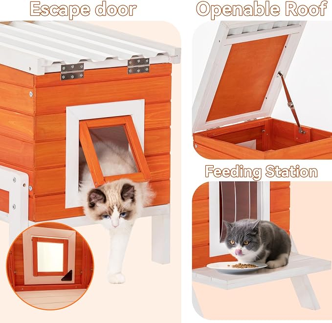 PETSFIT Outdoor Cat House Insulated - Thicken High Feet, Expanded Feeding Station, Weatherproof Durable Roof, Outside Cat House, Bunny Rabbit Hutch, Orange