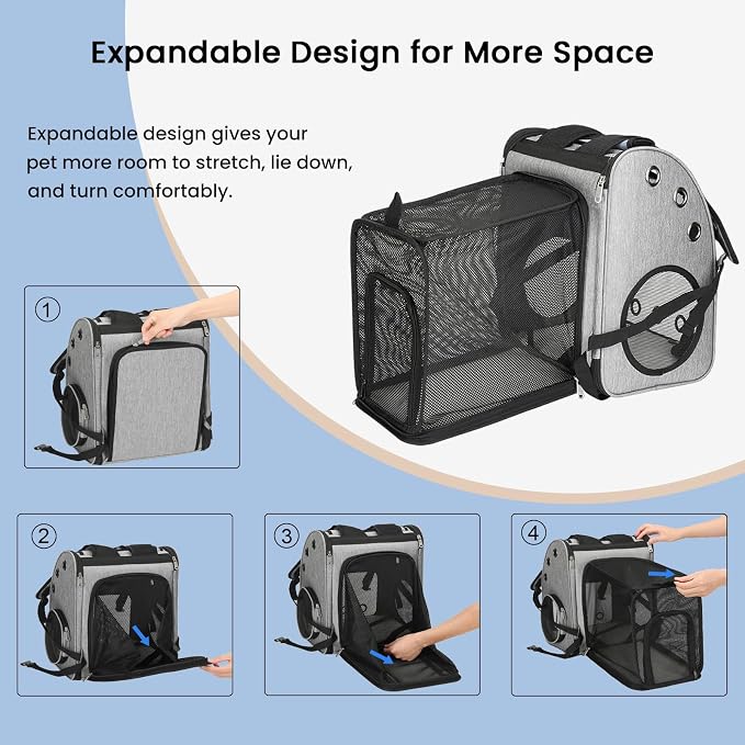 Expandable Cat Carrier Backpack, Large Space,Airline Approved, XL | Pet Backpack Carrier for Small Cats & Dogs up to 25 lbs, Travel Backpack for Hiking/ Vet, 4 Entrances, Breathable Ventilated