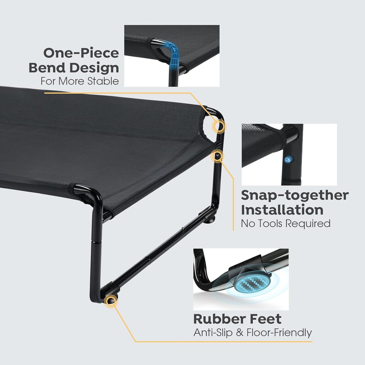 Veehoo Original Outdoor Elevated Dog Bed, Cooling Raised Dog Cot for Large Dogs, Portable Standing Pet Hammock Platform with Washable Breathable Mesh, No-Slip Feet, 47" x 32", Black