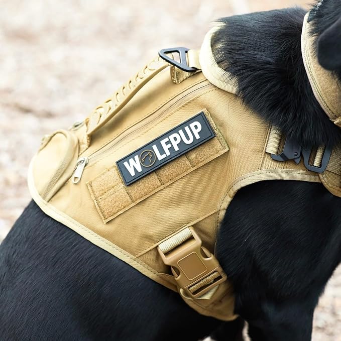 WOLFpak Tactical Dog Vest Harness No Pull Breathable MOLLE(Khaki, Large) | Dual Grab Handles, 1000D Nylon, Four-Point Adjustment, MOLLE Attachment Panels, Three Storage Pockets, Metal Alloy Buckles