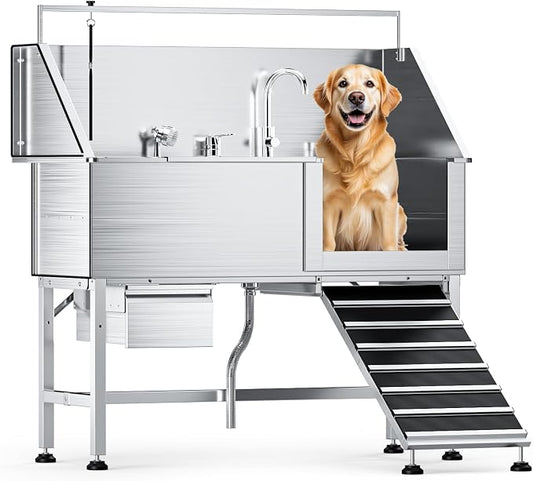 56" Dog Washing Station, 304 Stainless Steel, 600 lb, Side Ramp | 1mm Thick, hot cold faucet, fixed sprayer, shampoo dispenser, storage drawer, S-trap, hair filter, garage outdoor grooming