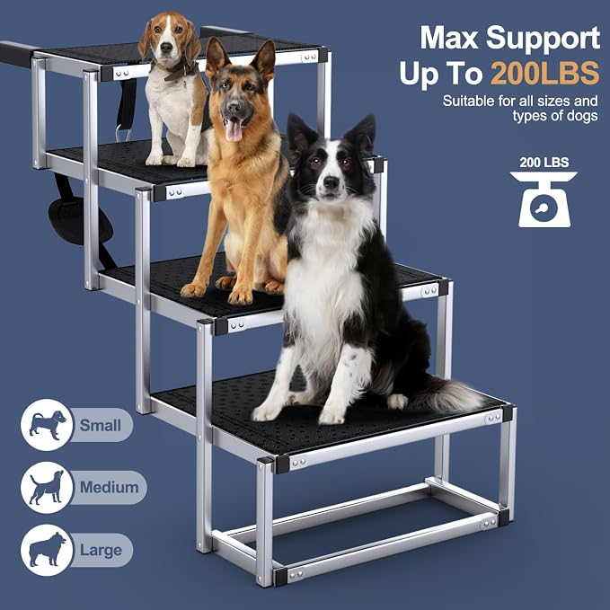 Foldable Dog Stairs for Car, 17" Aluminum Dog Steps for Car 4 Steps | Collapsible Dog Ramp for Car with Non-Slip Surface, Portable Pet Ramps Stairs SUV, High Beds, Truck, Supports up to 200 lbs
