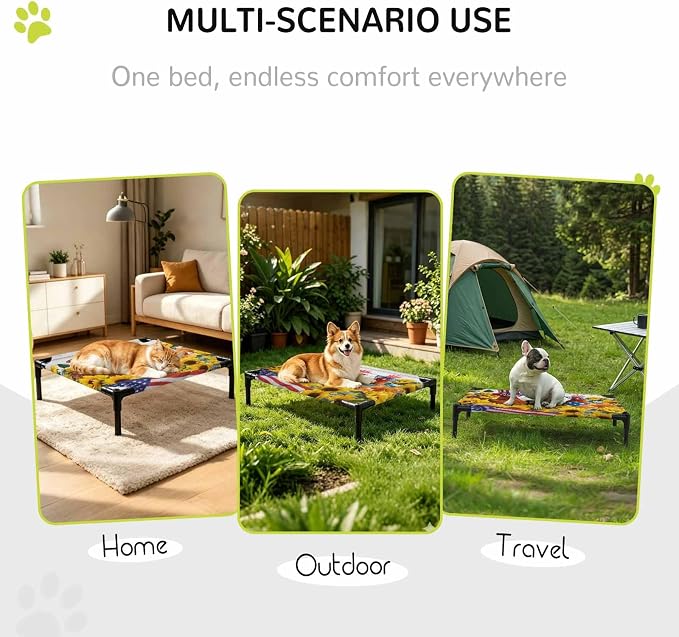 Outdoor Elevated Dog Bed for Small Dogs, Sunflower Independence Day Breathable Cooling Raised Dog Cot for Indoor/Outdoor, 4th of July Rooster Wooden Waterproof Elevated Pet Beds, S 20 x 20 in