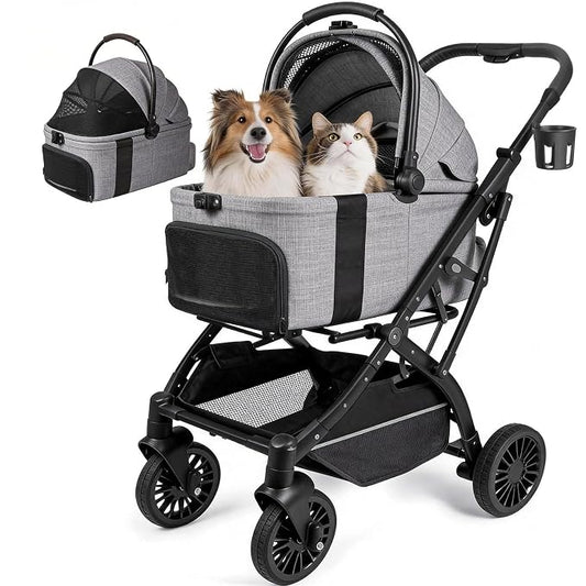 Small Dog Stroller, Pet Stroller for Small Dogs, 5-in-1 Dog Strollers - Fold All in One Without Detaching Carrier, Pet Strollers with Removable Waterproof Carrier for Dogs Cats 10 lbs 20 lbs - Grey