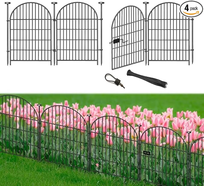 Okaygardn Garden Fence Border 36 in(H) x8.8 Ft(L), 4 Panels Dog Fence Outdoor for Yard, Tall Garden Animal Barrier Fence with Gate, Arched Rustproof Metal No Dig Fence, Flower Bed Fencing