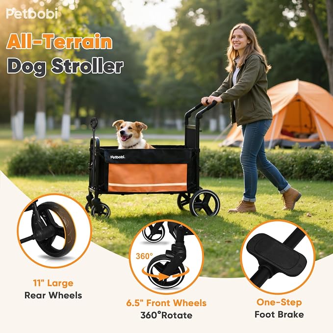 Petbobi Dog Wagon for Large Dogs, Push & Pull Foldable Pet Cart with Ramp | Fits Medium & Heavy Breeds Up to 80 lbs, 360° Swivel Stroller Wheels, Adjustable Handle, Foot Brake, Safety Leashes, Orange