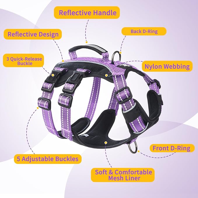 Service Dog Vest Harness, Escape Proof Harness with 6 Patches, No-Pull, Reflective Harness with Handle, Adjustable for Small to Large Dogs, for Training and Hiking (Lavender Purple, S)