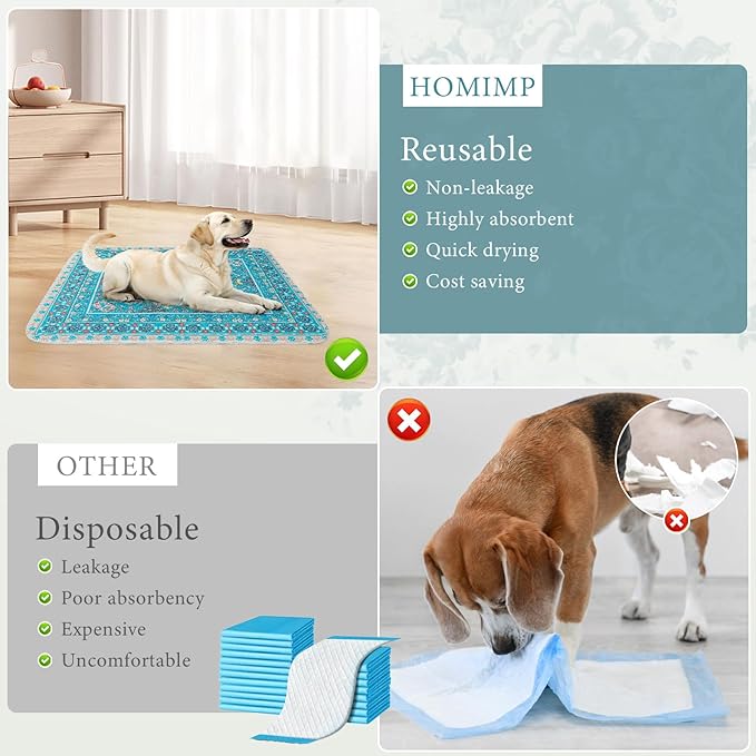Homimp Washable Pee Pads for Dogs,Extra Large 2 Pcs Reusable Puppy Pads Waterproof,Absorbent and Leakproof Dog Pee Pads,Non Slip Puppy Training Pads,Pet Mat for Floor,Crate,Couch,Whelping,Blue 48"x48"