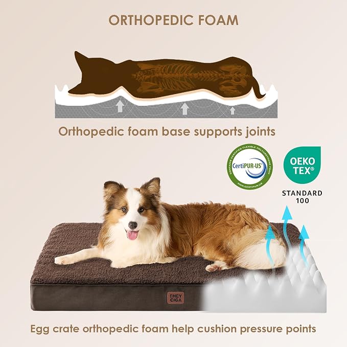 EHEYCIGA Orthopedic Dog Bed Large with Removable Washable Cover, 47IN Brown | Egg Crate Foam Support, Durable Oxford fabric, Non-Slip Bottom, Machine Washable, Soft Waterproof Plush Pet Bed Mat For Crate