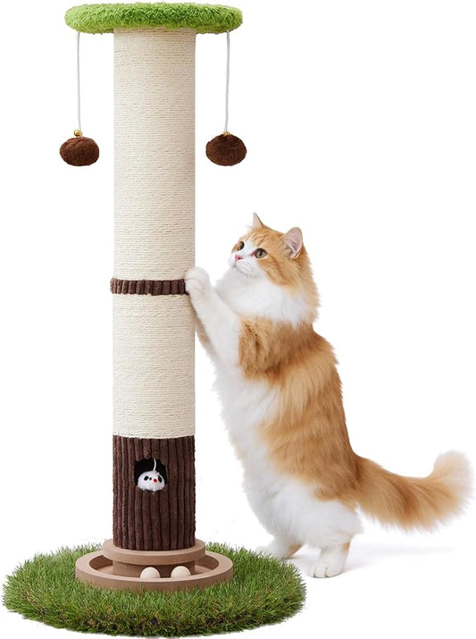 Woochpet Cat Scratching Post 34 Inch Tall Heavy Duty Sisal Scratcher with Interactive Track Mouse Toy Condo Top Jingle Balls for Indoor Kittens,Green
