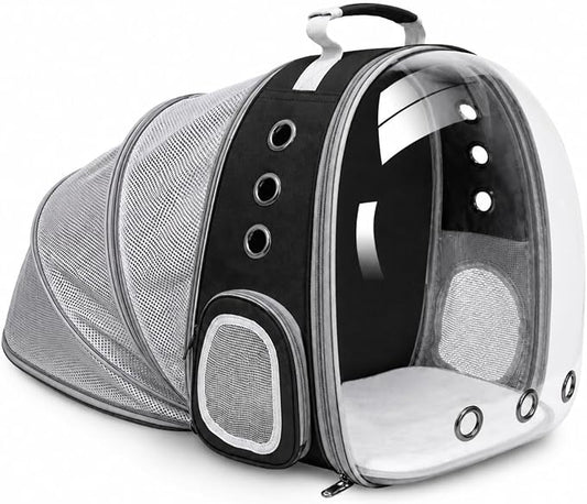 Expandable Cat Carrier Backpack for Cats and Dogs, Bubble Window Pet Travel Backpack with Breathable Mesh, Anti-Collapse Structure, Side Door, Safety Leash, for Vet Visits, Hiking, Outdoor, Black